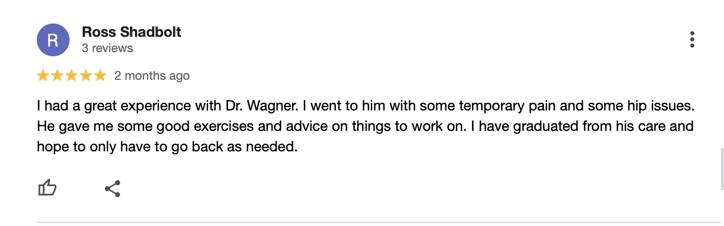 5-star review from Ross Shadbolt about his great experience with Dr. Wagner for hip issues